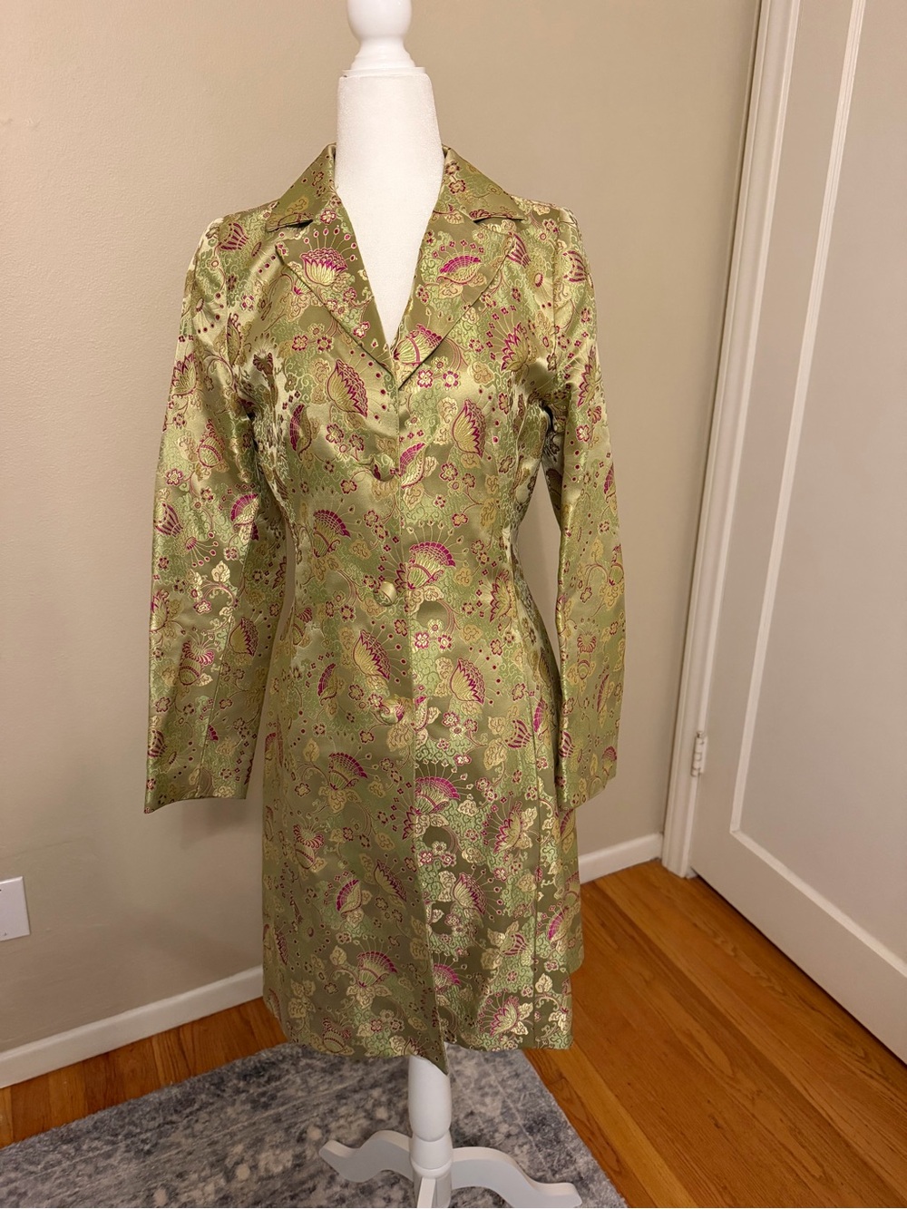 Vintage Lynn Lugo Moss Green Jacquard Trench Coat with Floral Motif